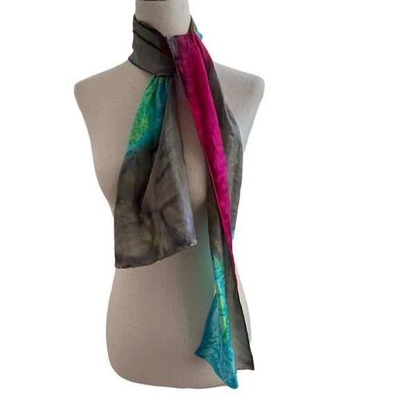 Hand Dyed Silk Long Scarf Aqua Green Pink Gray - Picture 1 of 3